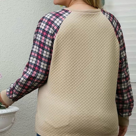 NWT Apricot Textured Top With Plaid Sleeves, Casual, Long Sleeve Blouse - Picture 5 of 11